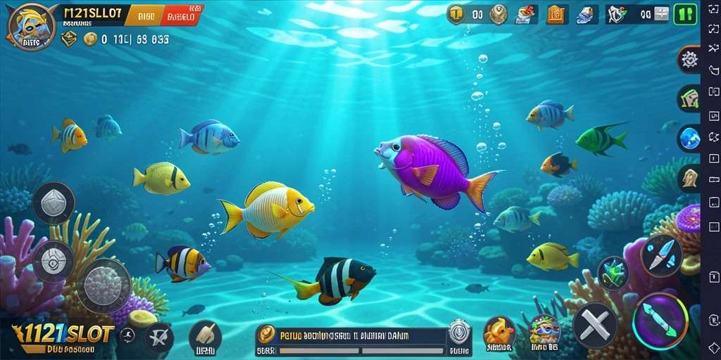 Screenshot gameplay 1121SLOT yang menampilkan momen menangkap ikan.