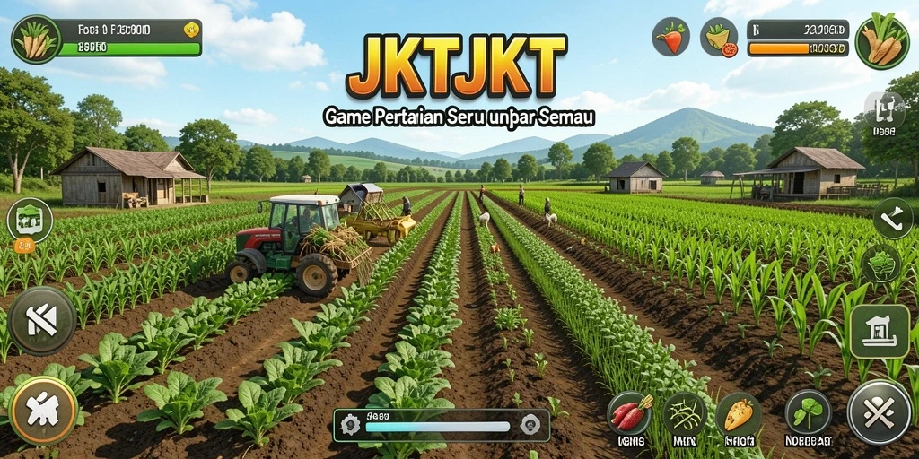 Screenshot gameplay JKTJKT yang menampilkan ladang hijau dan aktivitas bertani.