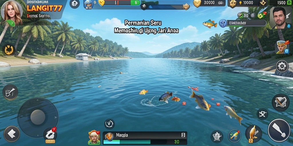 Tampilan gameplay LANGIT77 saat memancing dengan berbagai pilihan alat dan lokasi.