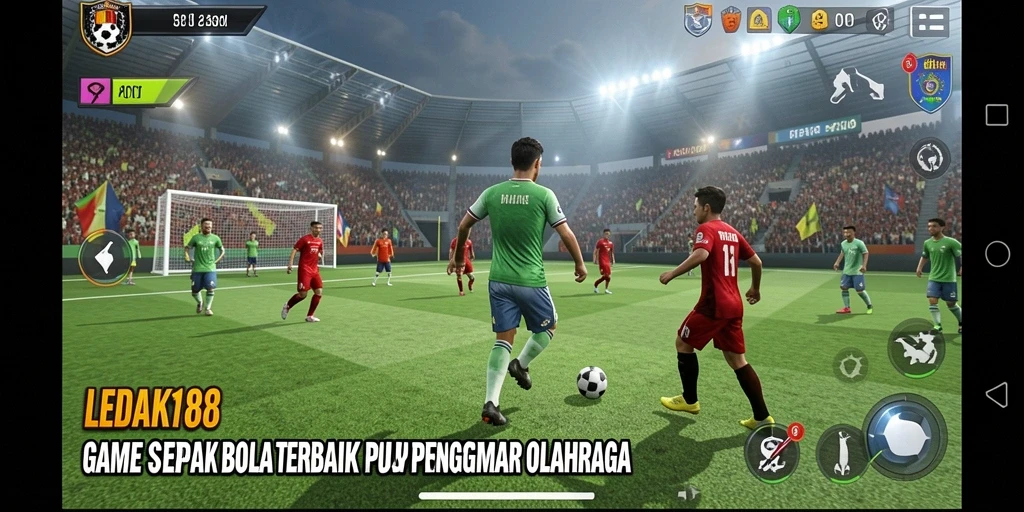 Screenshot utama LEDAK188 menampilkan aksi seru dalam gameplay sepak bola.