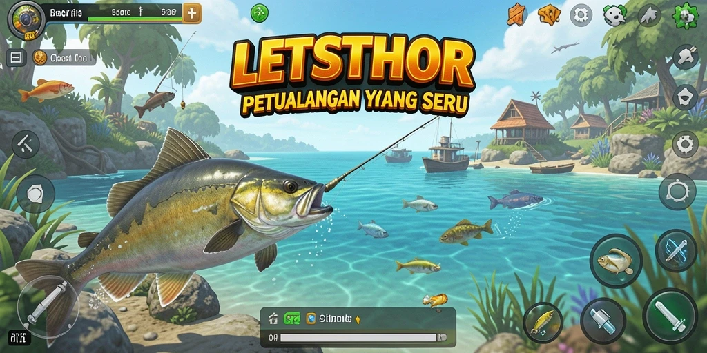 Gameplay memancing seru di LETSTHOR dengan berbagai ikan dan lokasi menarik.