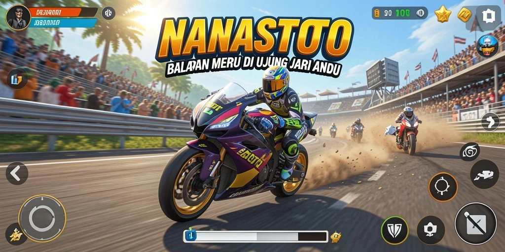 Gameplay NANASTOTO dengan balapan motor yang mendebarkan.