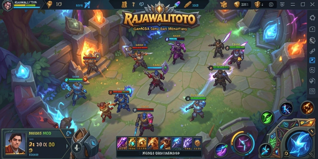 Tampilan gameplay seru RAJAWALITOTO dalam arena pertarungan MOBA.