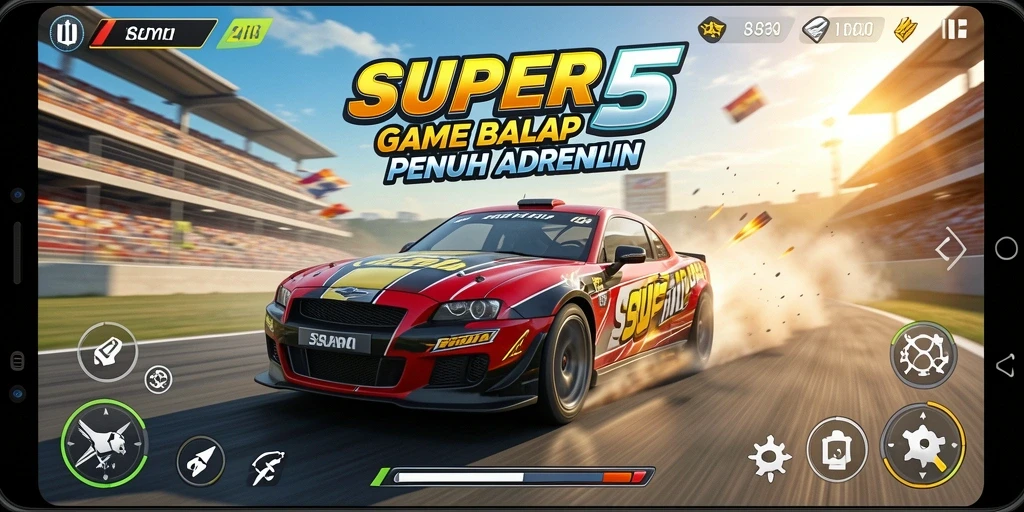 Tampilan aksi balap mendebarkan dalam SUPER5 dengan mobil cepat dan lintasan beragam.