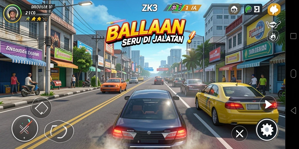 Tampilan gameplay ZK3 yang mendebarkan saat balapan di lintasan kota.